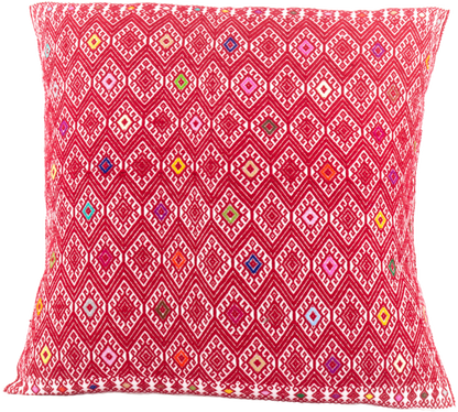 Vibrant red cushion, diamond brocade pattern with vibrant hues, handcrafted for stylish home decor and interior design