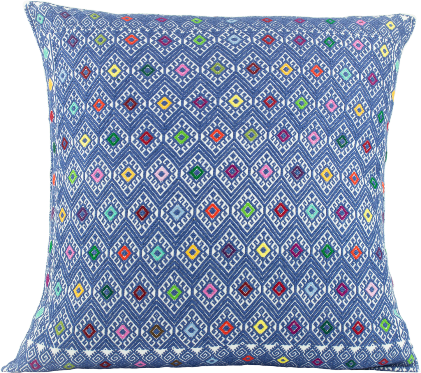 Vibrant blue cushion, diamond brocade pattern with vibrant hues, handcrafted for stylish home decor and interior design