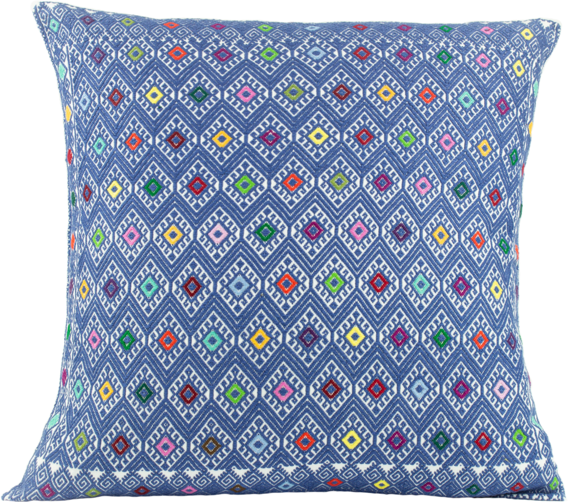 Vibrant blue cushion, diamond brocade pattern with vibrant hues, handcrafted for stylish home decor and interior design