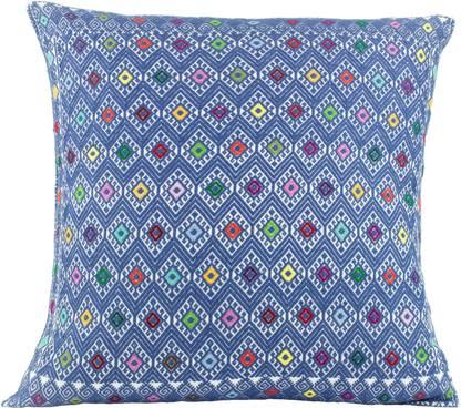 Vibrant blue cushion, diamond brocade pattern with vibrant hues, handcrafted for stylish home decor and interior design