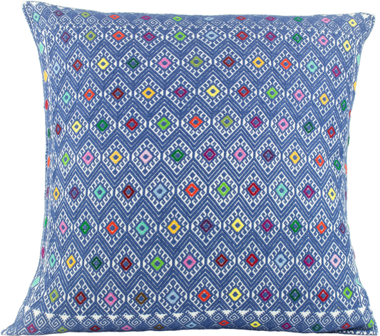 Vibrant blue cushion, diamond brocade pattern with vibrant hues, handcrafted for stylish home decor and interior design