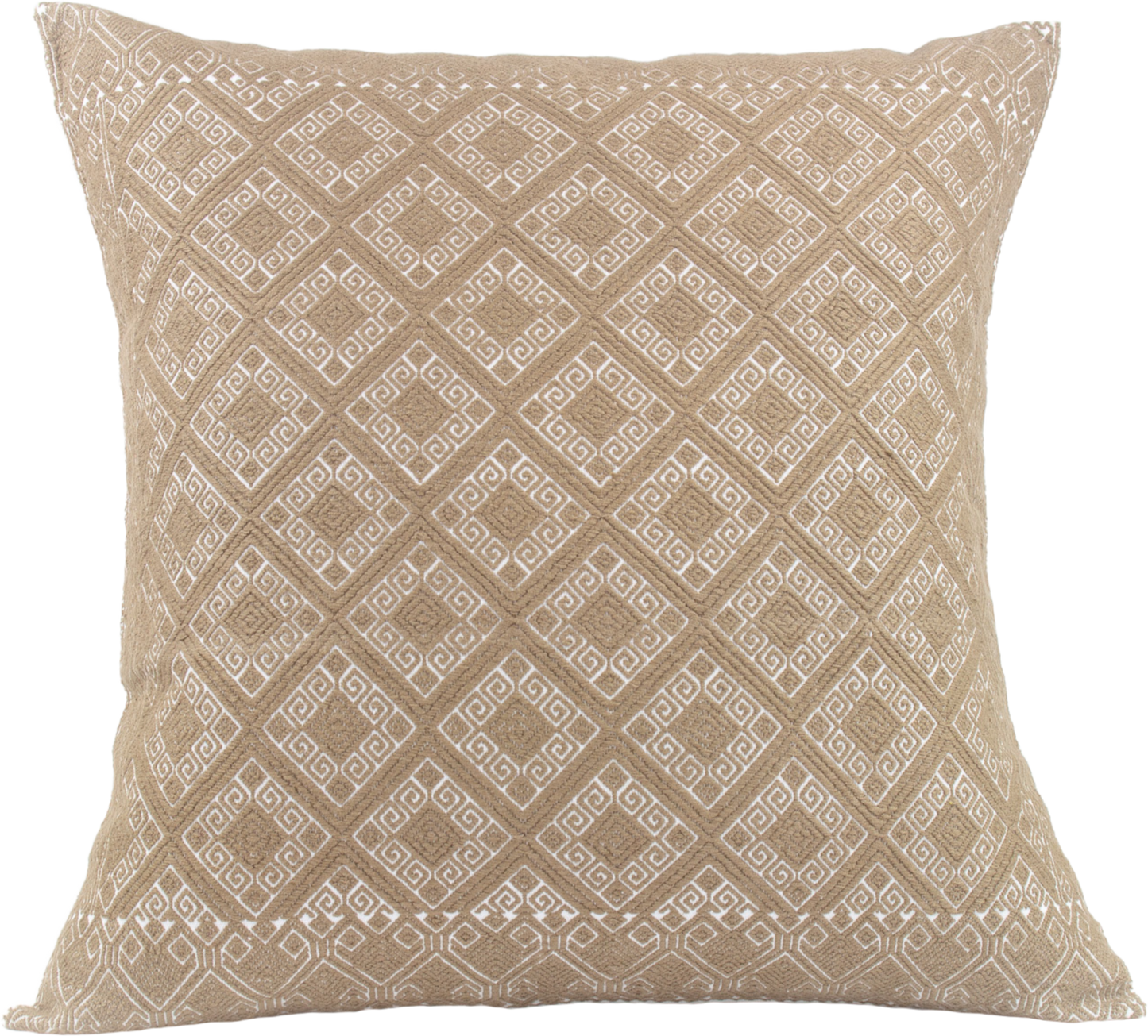 Victoria Chiapas Cushion - A white cotton cushion with a beige diamond pattern woven on a backstrap loom, featuring a stylish folding closure at the back.