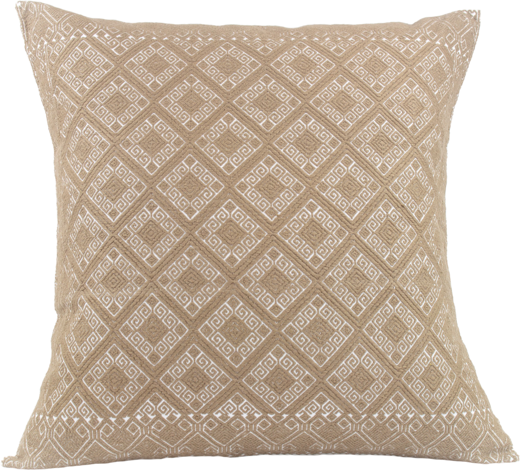 Victoria Chiapas Cushion - A white cotton cushion with a beige diamond pattern woven on a backstrap loom, featuring a stylish folding closure at the back.