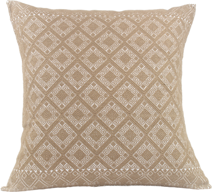 Victoria Chiapas Cushion - A white cotton cushion with a beige diamond pattern woven on a backstrap loom, featuring a stylish folding closure at the back.