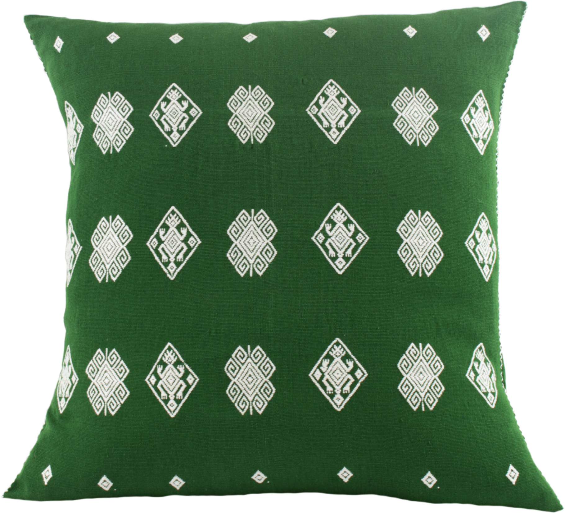 Green cotton cushion with intricate beige brocade designs, showcasing traditional backstrap loom weaving.