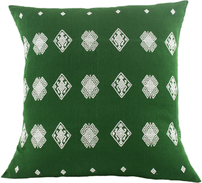 Green cotton cushion with intricate beige brocade designs, showcasing traditional backstrap loom weaving.