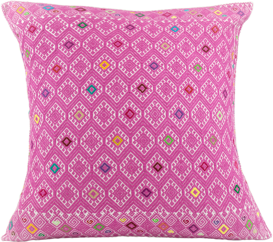 Vibrant pink cushion with diamond brocade pattern, handcrafted for stylish home decor and interior design