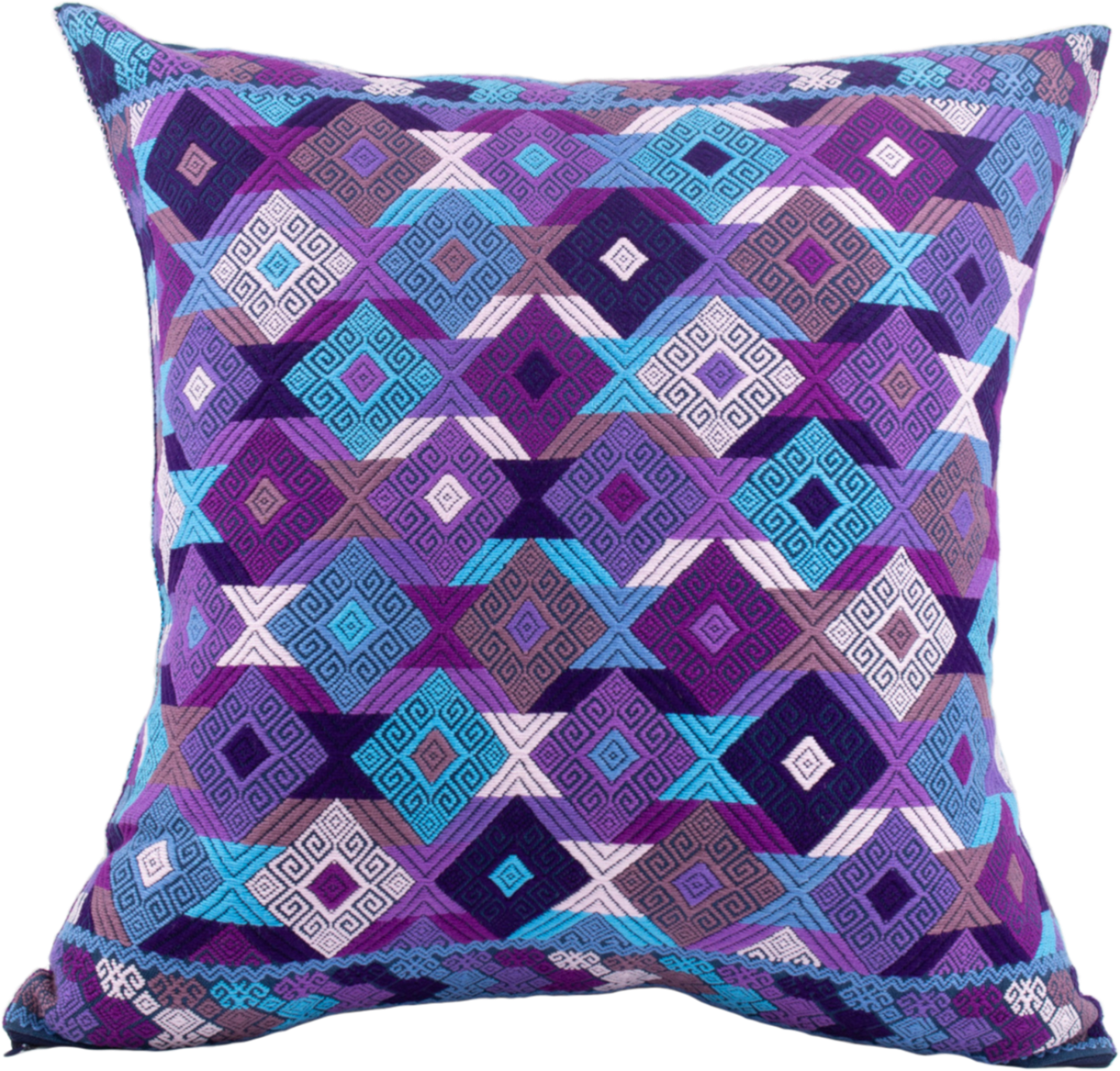 Purple shades Chiapas cushion with intricate diamond shapes in vibrant colors, showcasing artisanal craftsmanship