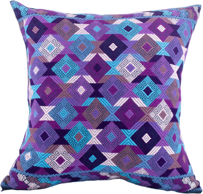 Purple shades Chiapas cushion with intricate diamond shapes in vibrant colors, showcasing artisanal craftsmanship