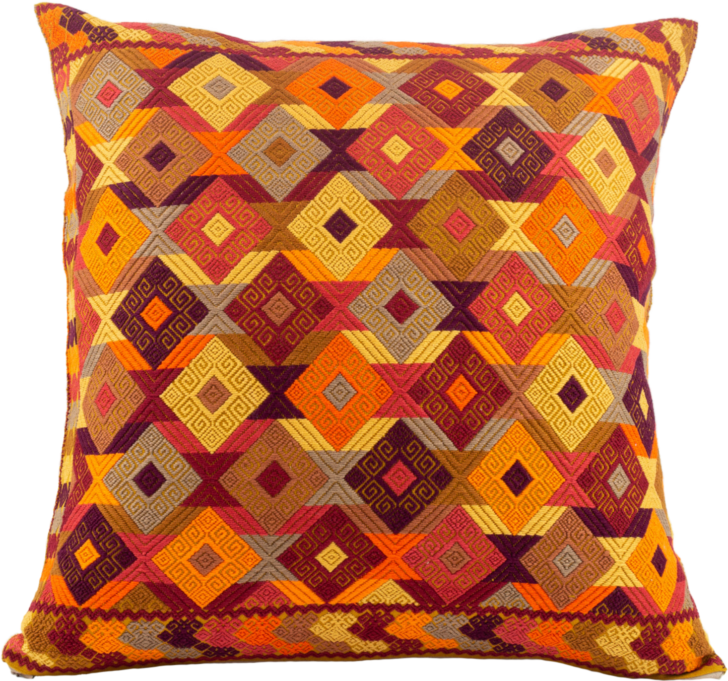 Orange Chiapas cushion with intricate diamond shapes in vibrant colors, showcasing artisanal craftsmanship