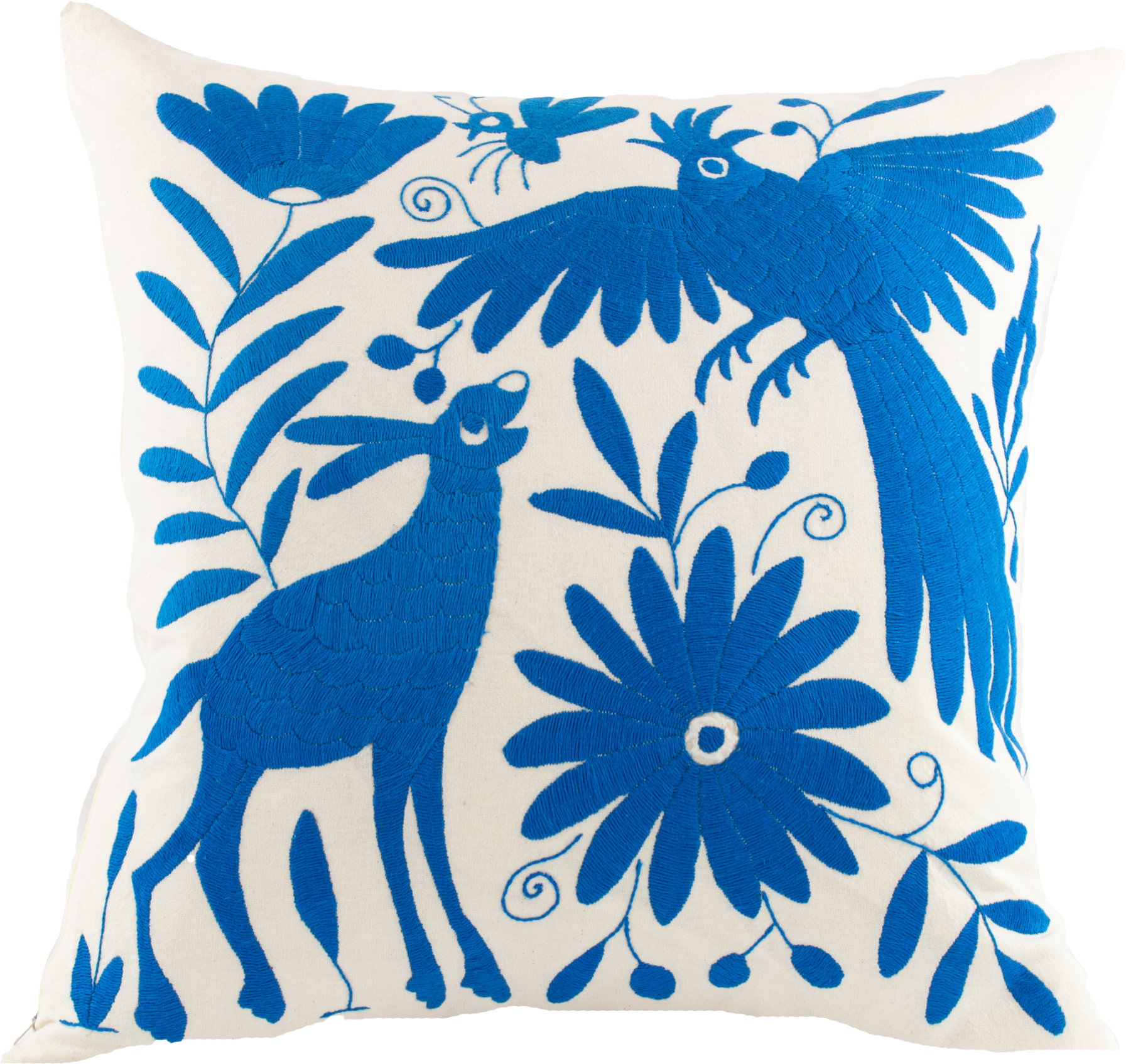 Blue Handcrafted Tenango Otomi Embroidery Cushion with Animal and Flower Designs for vibrant home decor.