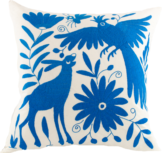 Blue Handcrafted Tenango Otomi Embroidery Cushion with Animal and Flower Designs for vibrant home decor.