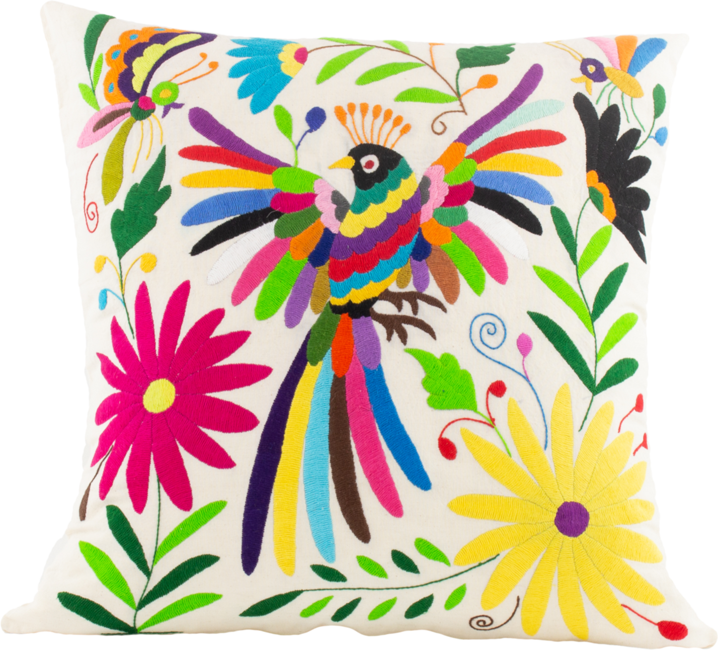 Colorful Handcrafted Tenango Otomi Embroidery Cushion with Animal and Flower Designs for vibrant home decor.