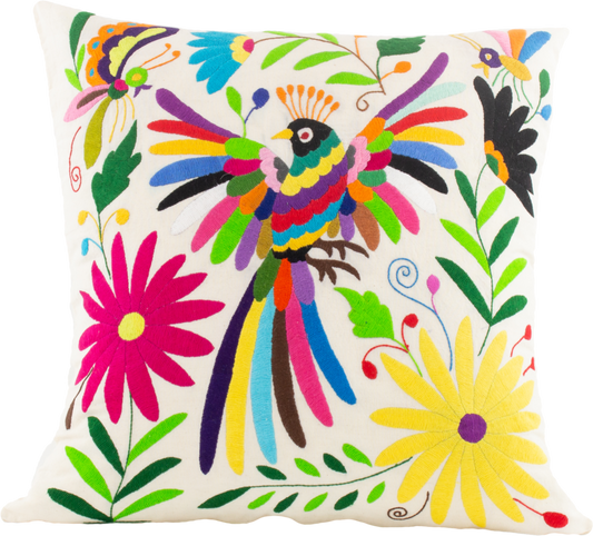 Colorful Handcrafted Tenango Otomi Embroidery Cushion with Animal and Flower Designs for vibrant home decor.