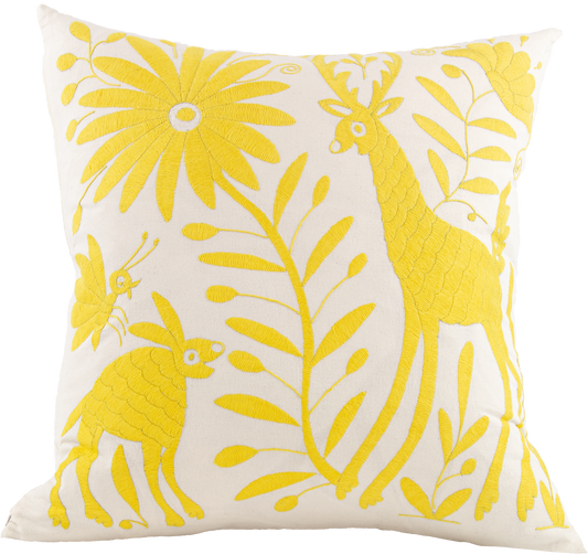 Yellow Handcrafted Tenango Otomi Embroidery Cushion with Animal and Flower Designs for vibrant home decor.